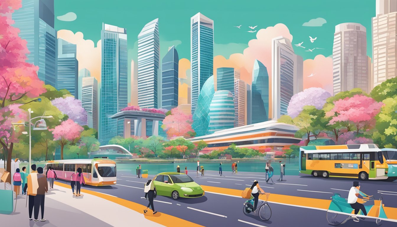 A vibrant cityscape with iconic Singapore landmarks, a modern lifestyle scene with a person using the OCBC FRANK Debit Card for shopping and dining