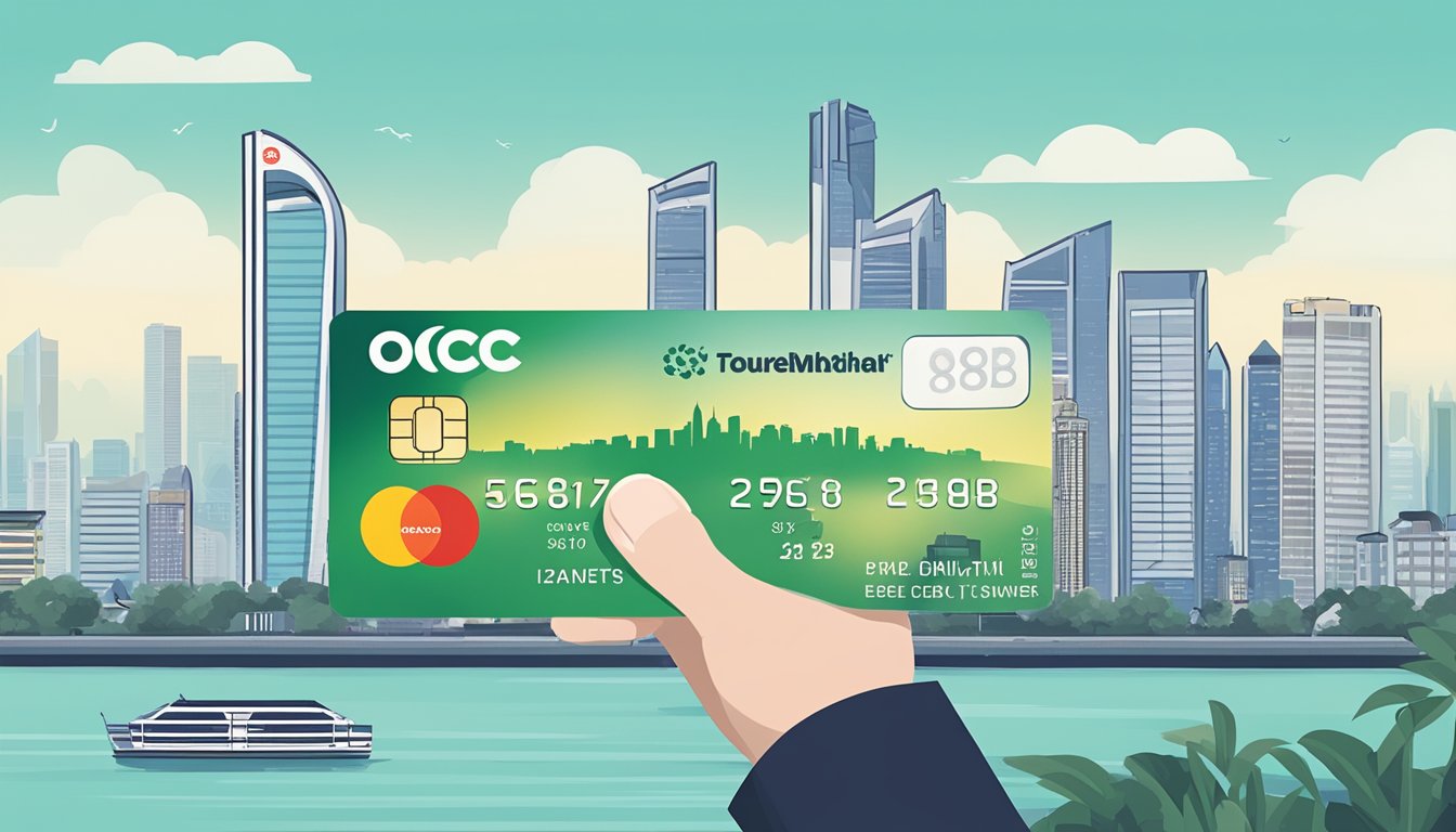 A hand holding an OCBC FRANK Debit Card in front of a Singaporean skyline with iconic landmarks