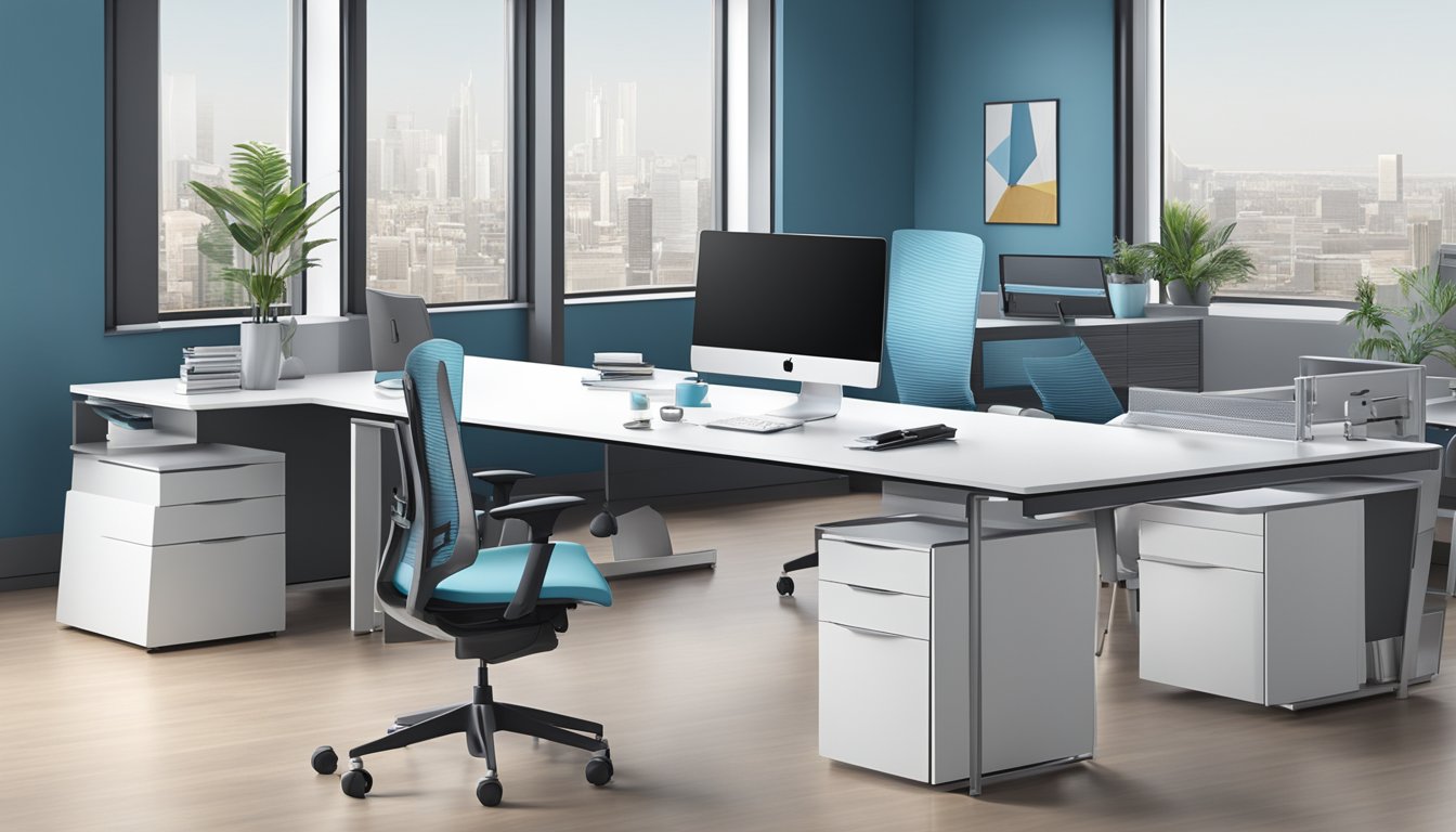 Sleek, modern office furniture with ergonomic designs and customizable features. Cutting-edge technology integrated into desks and chairs. Trendy color schemes and innovative materials