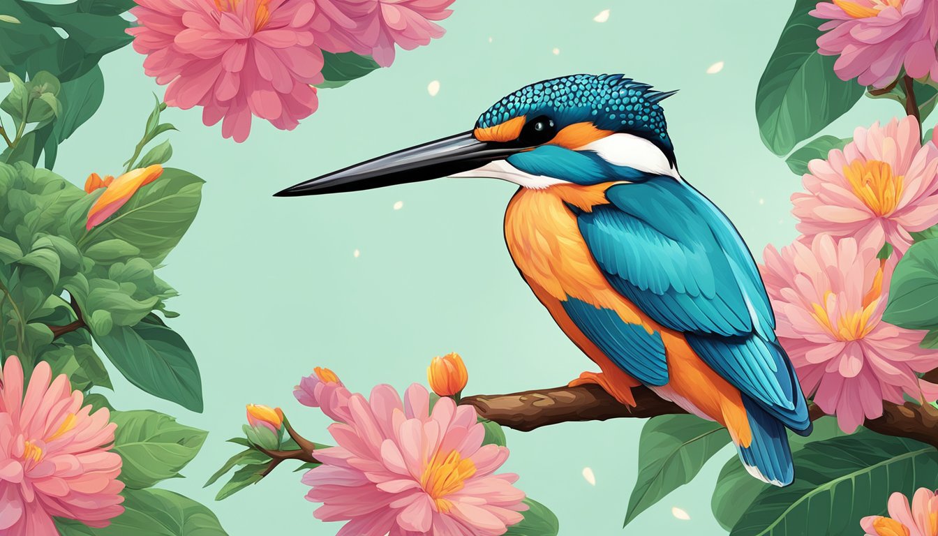 A kingfisher bird perched on a branch, surrounded by vibrant flowers and lush greenery. A bottle of Kingfisher beer placed nearby