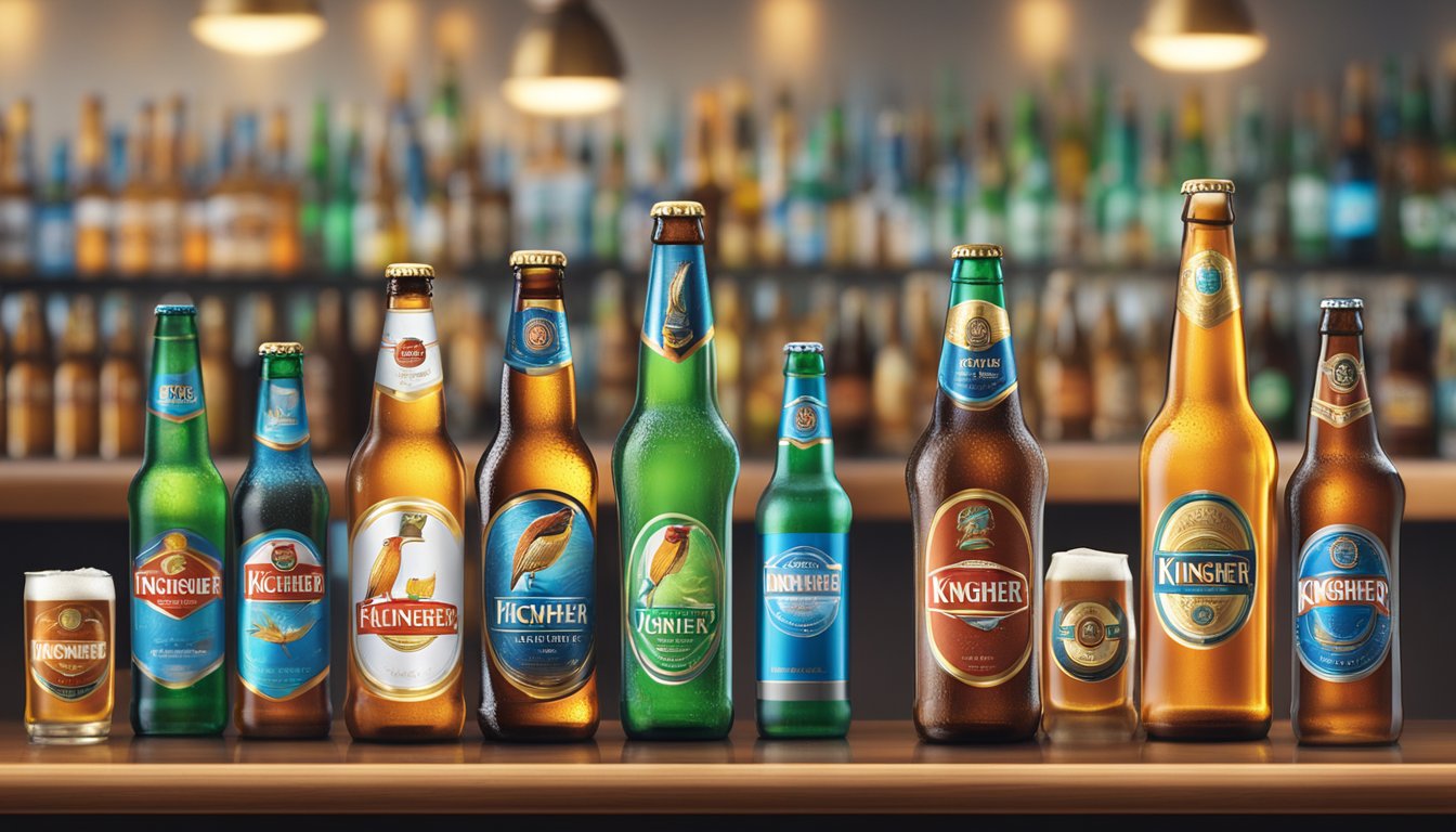 A variety of Kingfisher beer bottles and cans displayed on a sleek, modern bar counter with subtle lighting