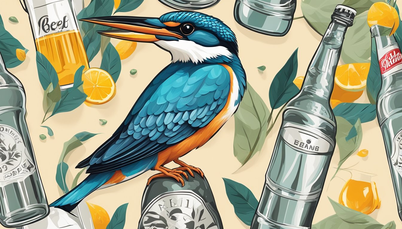 A vibrant kingfisher bird perched on a beer bottle, surrounded by iconic branding and symbols of market dominance