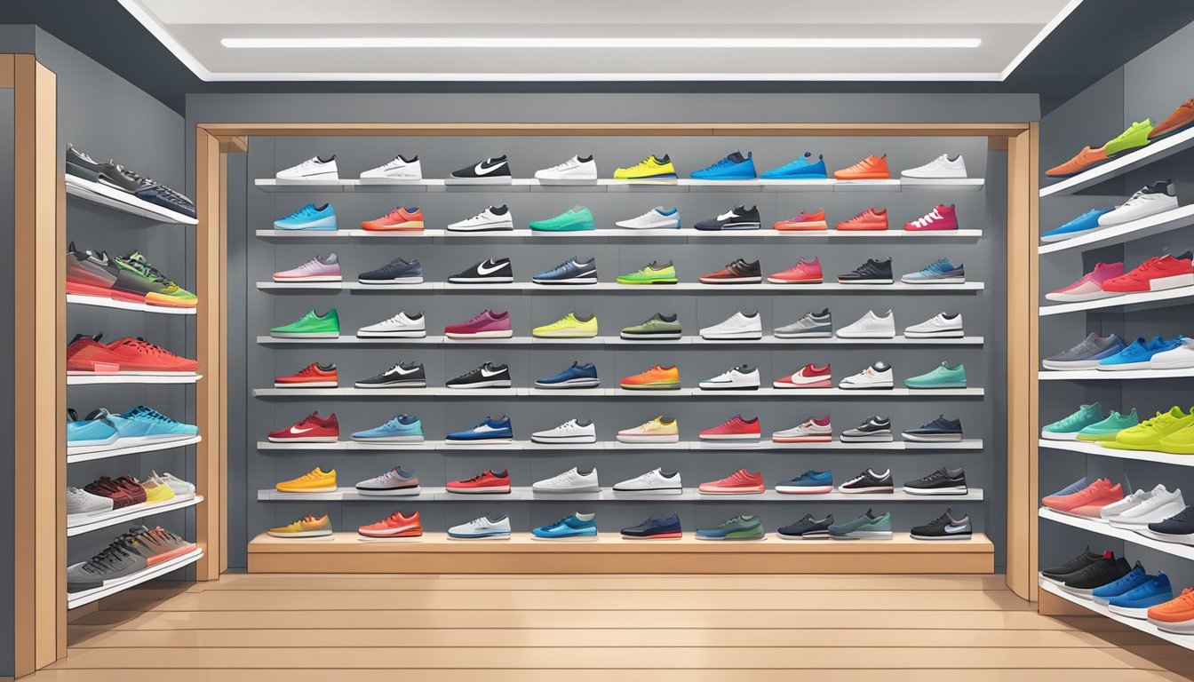 Various shoe boxes of top brands like Nike, Adidas, and Converse displayed on shelves in a well-lit and organized retail store