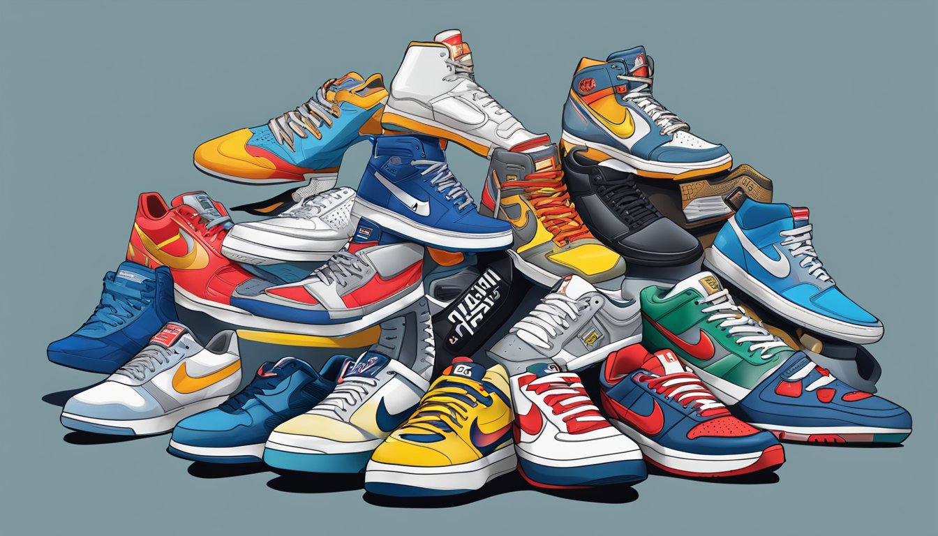 A display of iconic American sneaker brands, featuring logos and designs from top shoe companies in the USA