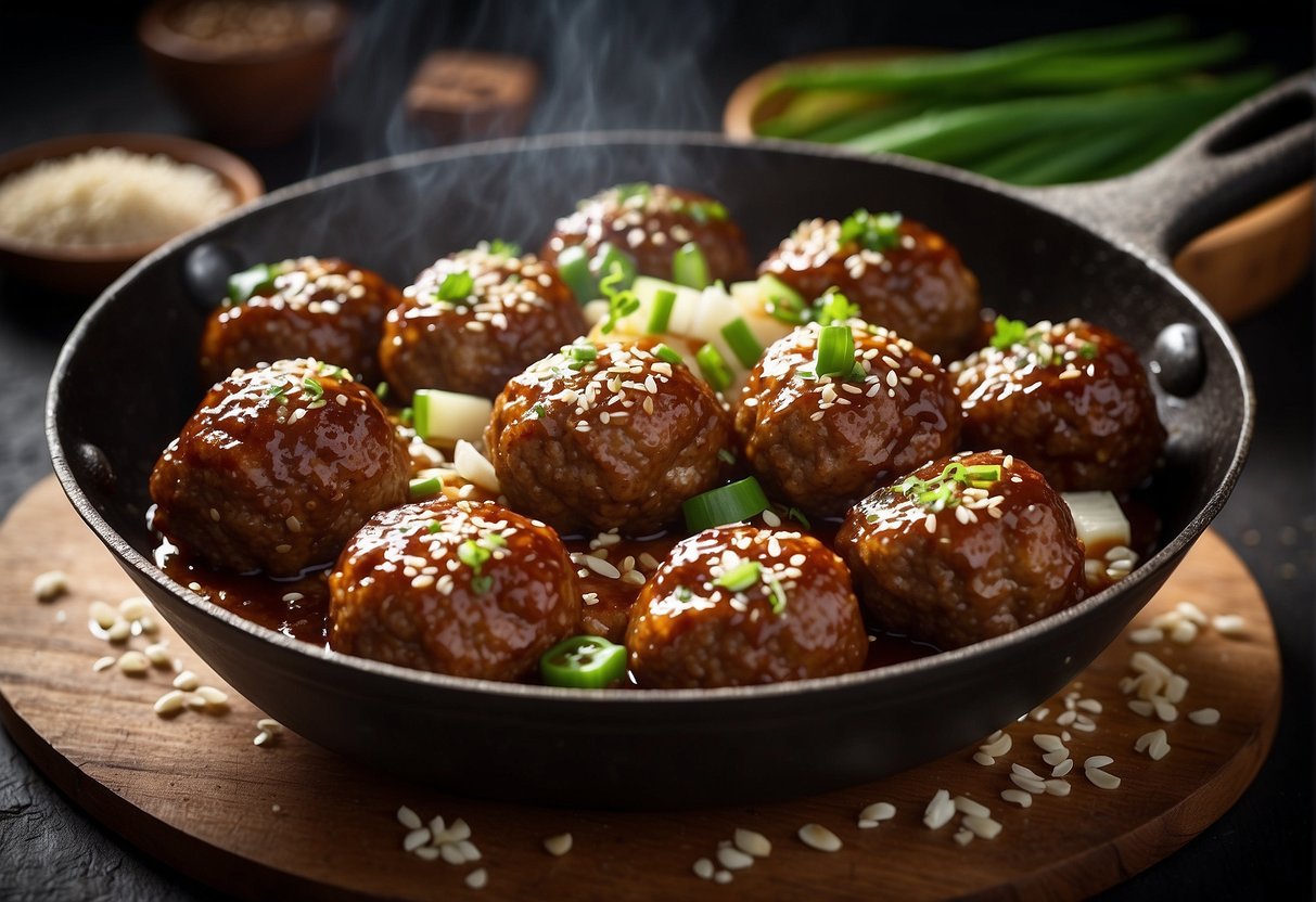 Sizzling beef meatballs in a wok with garlic, ginger, and soy sauce. Green onions and sesame seeds sprinkled on top