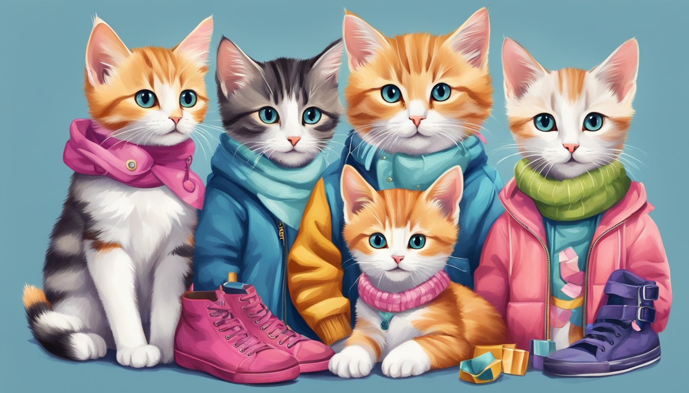 A group of playful kittens wearing stylish clothing from the brand, surrounded by colorful accessories and trendy fashion items