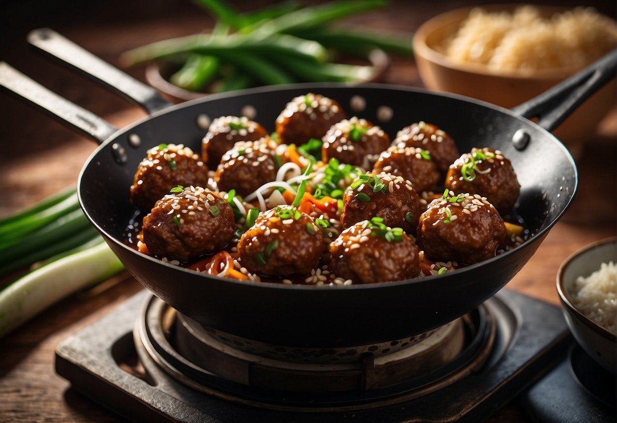 A wok sizzles with sizzling beef meatballs, ginger, garlic, and soy sauce. Green onions and sesame seeds garnish the dish