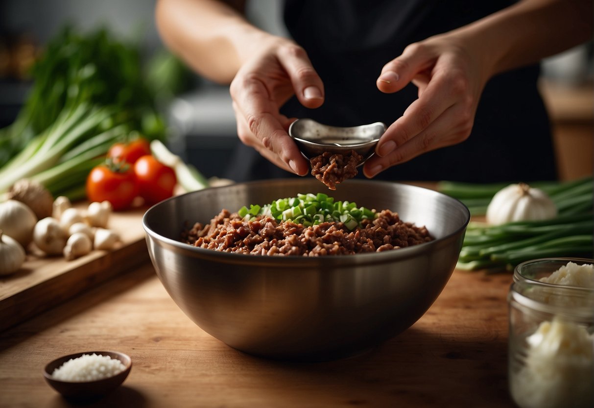 A large mixing bowl filled with ground beef, soy sauce, ginger, garlic, and green onions. A hand is seen mixing the ingredients together