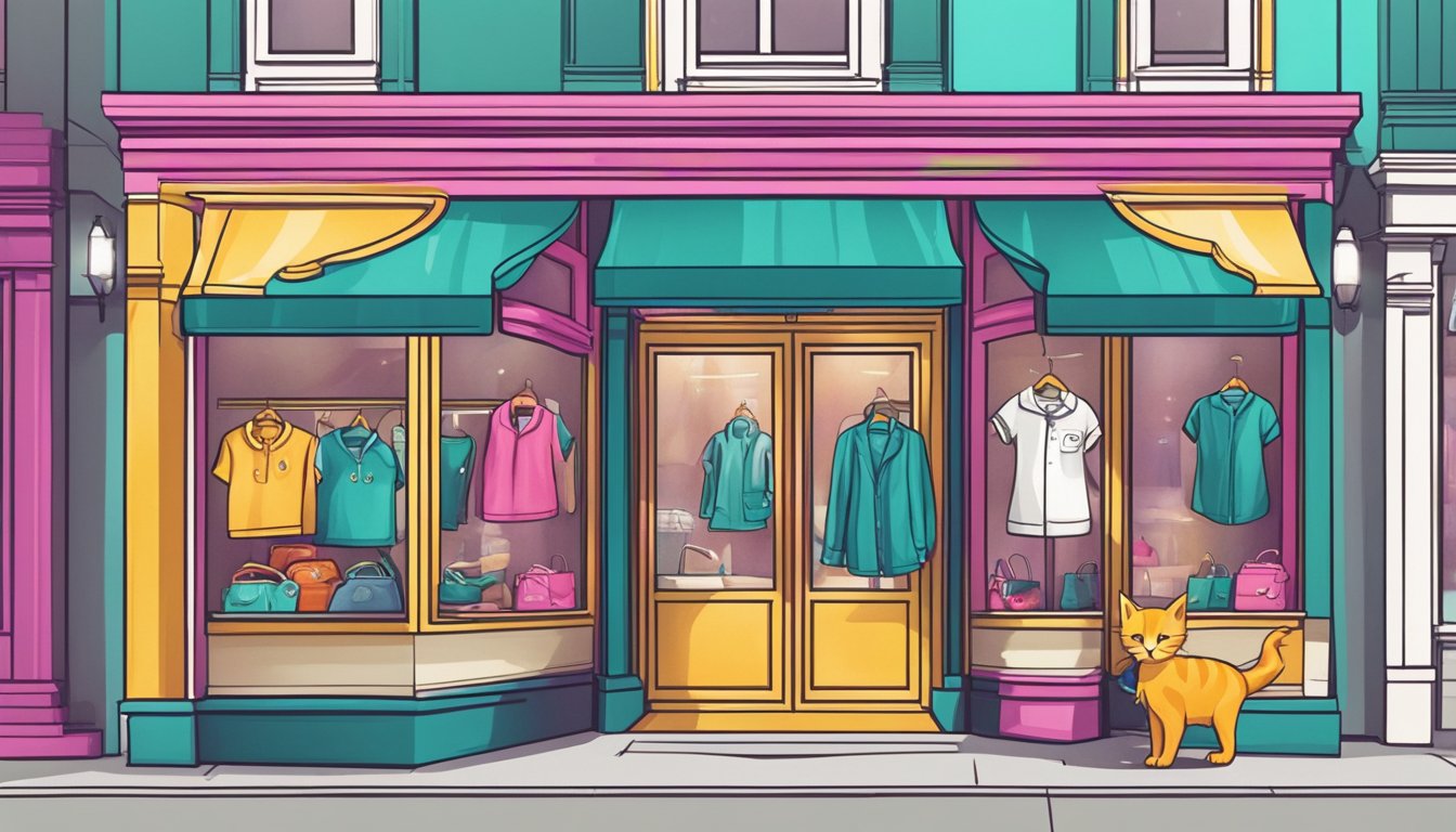 A playful kitten logo adorns a vibrant storefront with trendy clothing displayed. Bright colors and modern designs catch the eye of passing shoppers