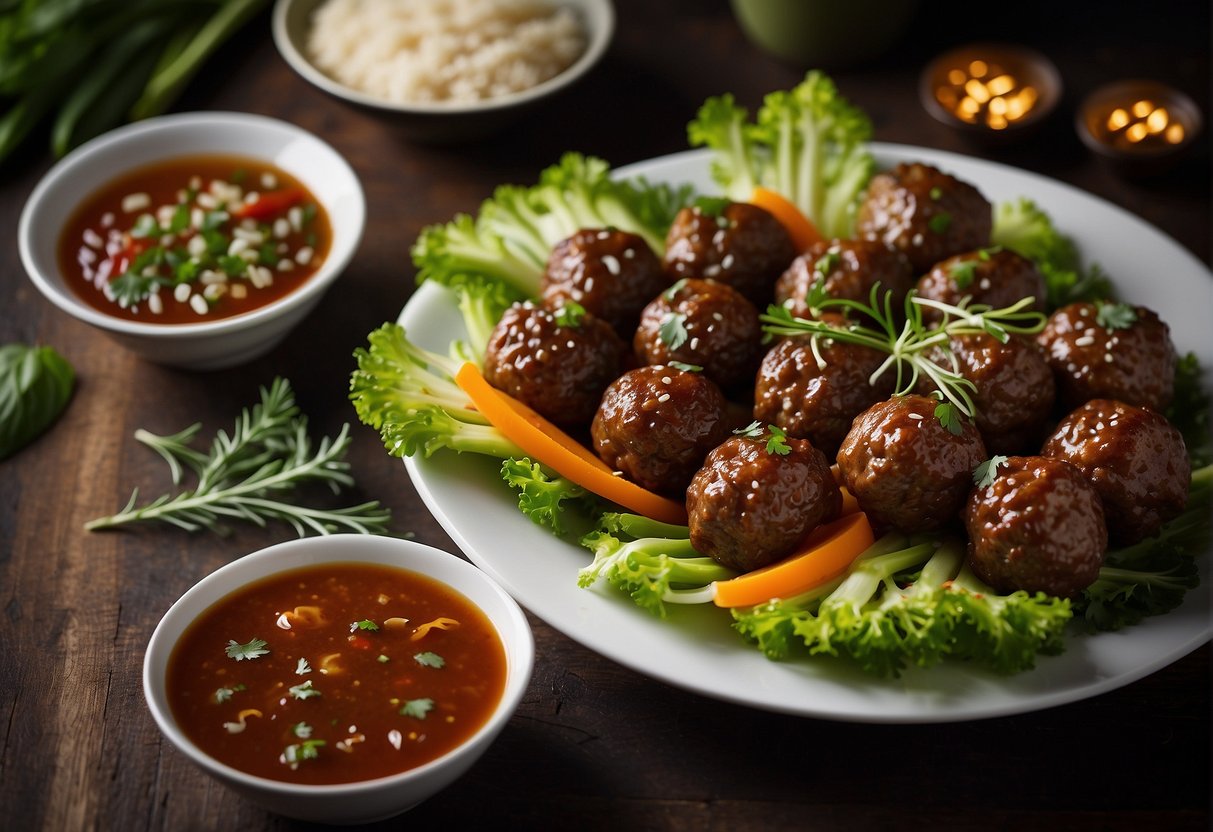 A platter of Chinese beef meatballs surrounded by garnishes and paired with a side of steamed vegetables and a bowl of savory dipping sauce
