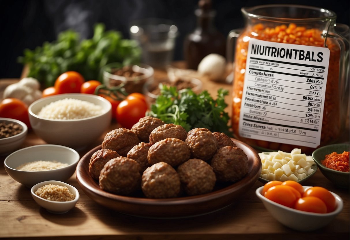 A table displays nutritional info for Chinese beef meatballs. Ingredients surround a measuring cup and scale. A hand labels dietary adjustments