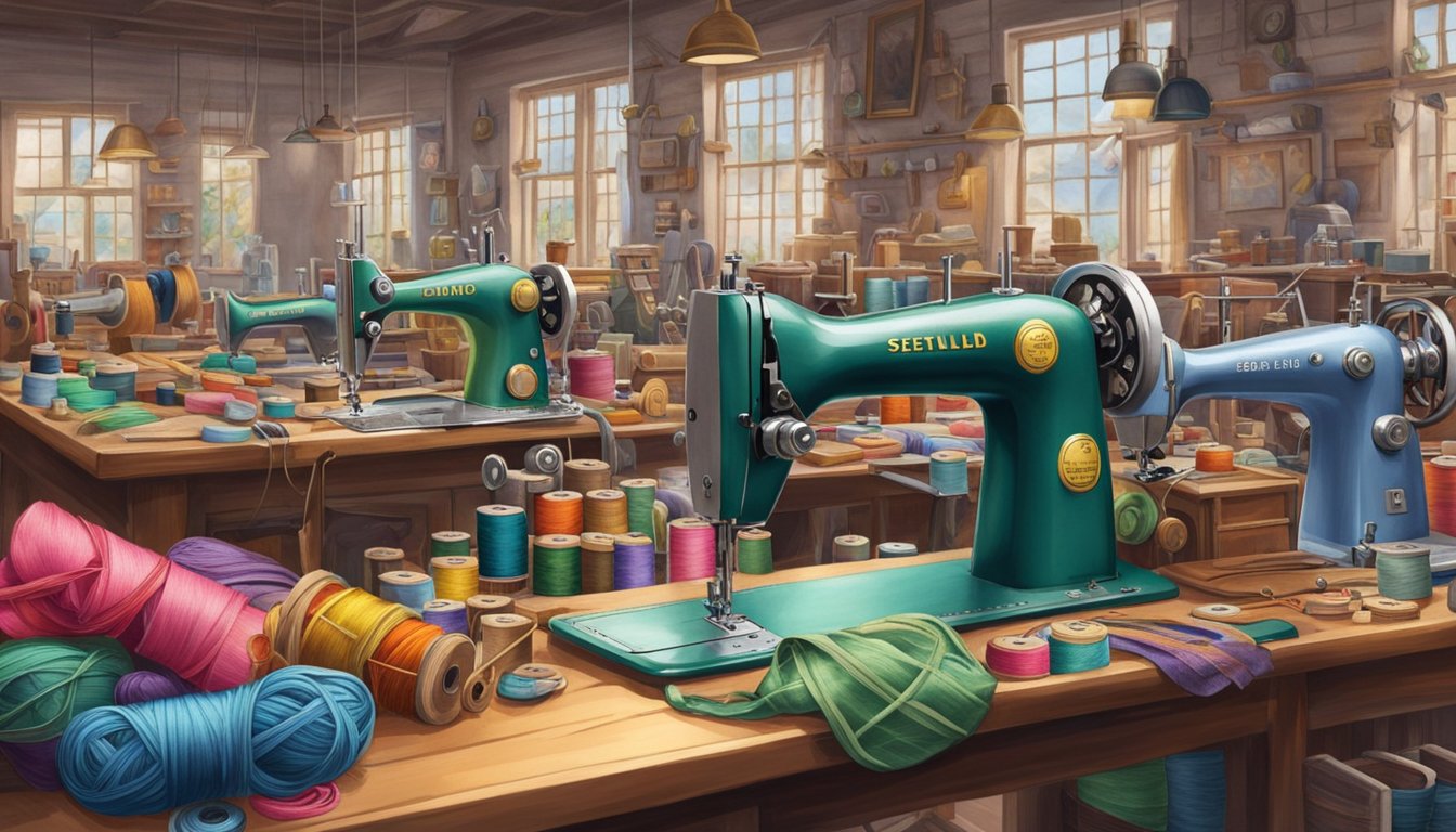 The scene depicts a workshop filled with sewing machines, fabric rolls, and colorful threads. A skilled artisan meticulously crafts a tiny garment with attention to detail, showcasing the brand's dedication to quality and craftsmanship