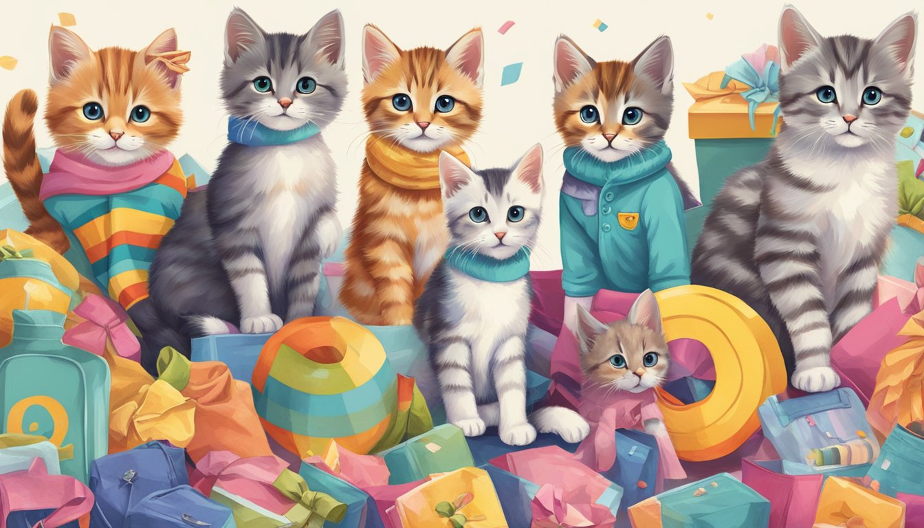 A group of playful kittens surrounded by colorful clothing items with the brand name "Frequently Asked Questions" prominently displayed