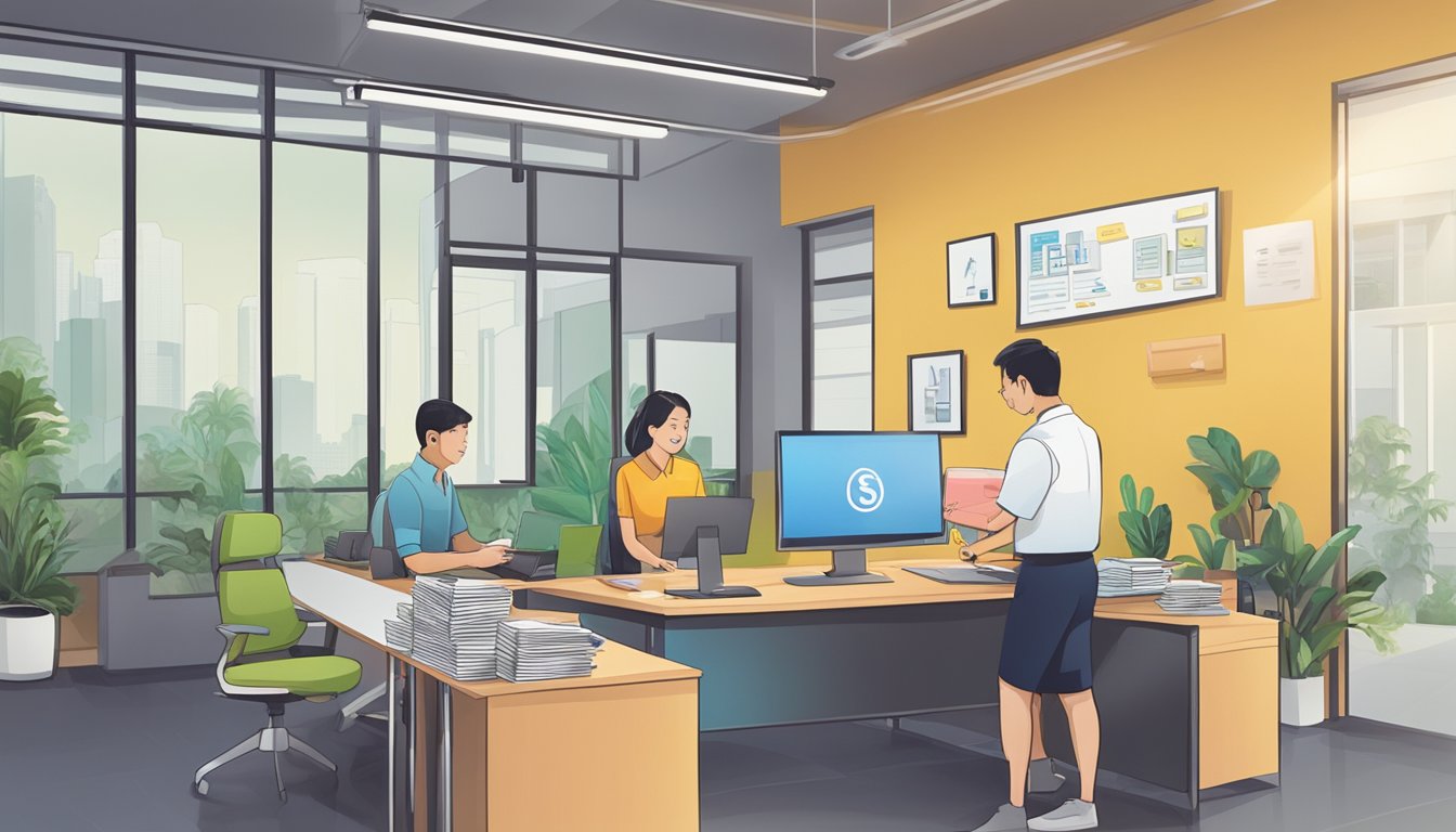An office in Bedok, Singapore, with a money lending sign. A customer receiving cash from the lender