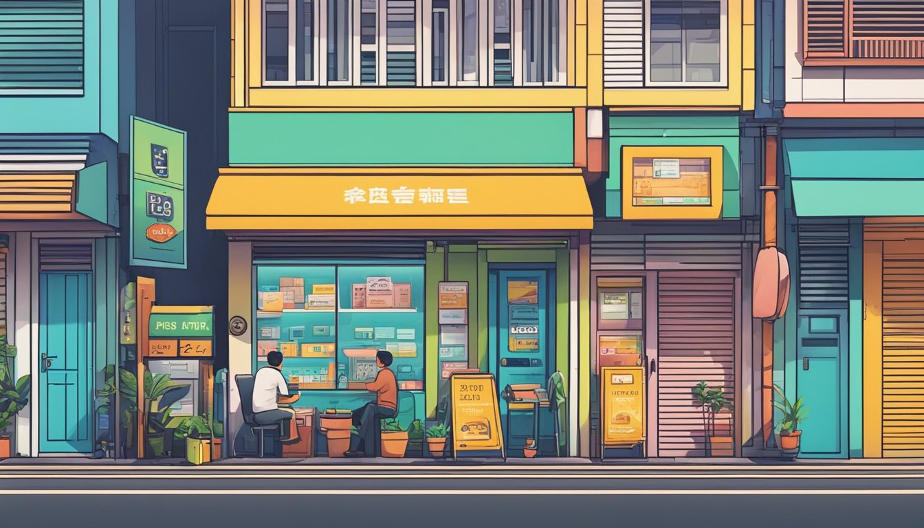 A moneylender's sign stands out among bustling streets in Bedok, Singapore. Bright colors and bold lettering draw attention to the promise of loans