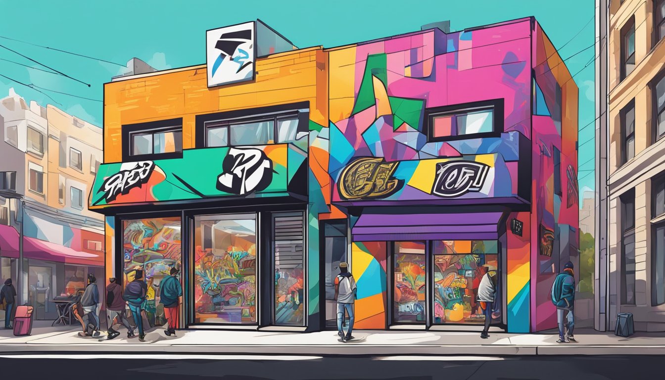 Vibrant storefronts display bold logos and designs. Graffiti-covered walls showcase edgy, urban fashion. Iconic streetwear pieces are worn by stylish passersby