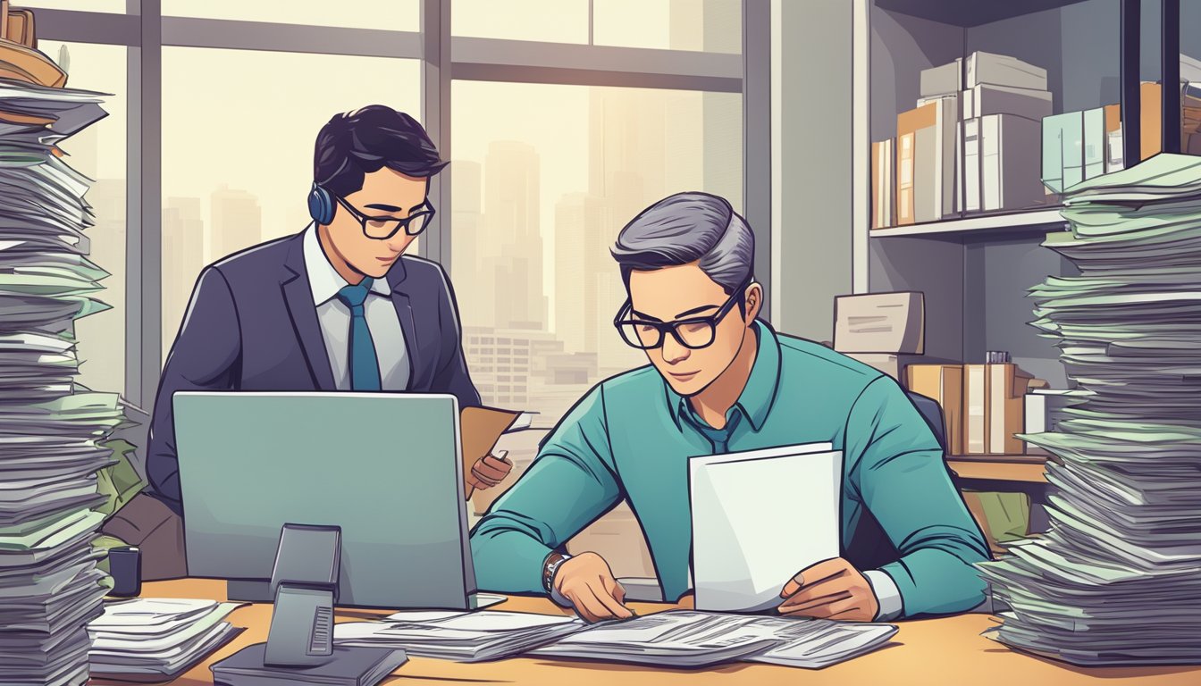 A money lender in Bedok processes a loan application in their office, surrounded by paperwork and a computer