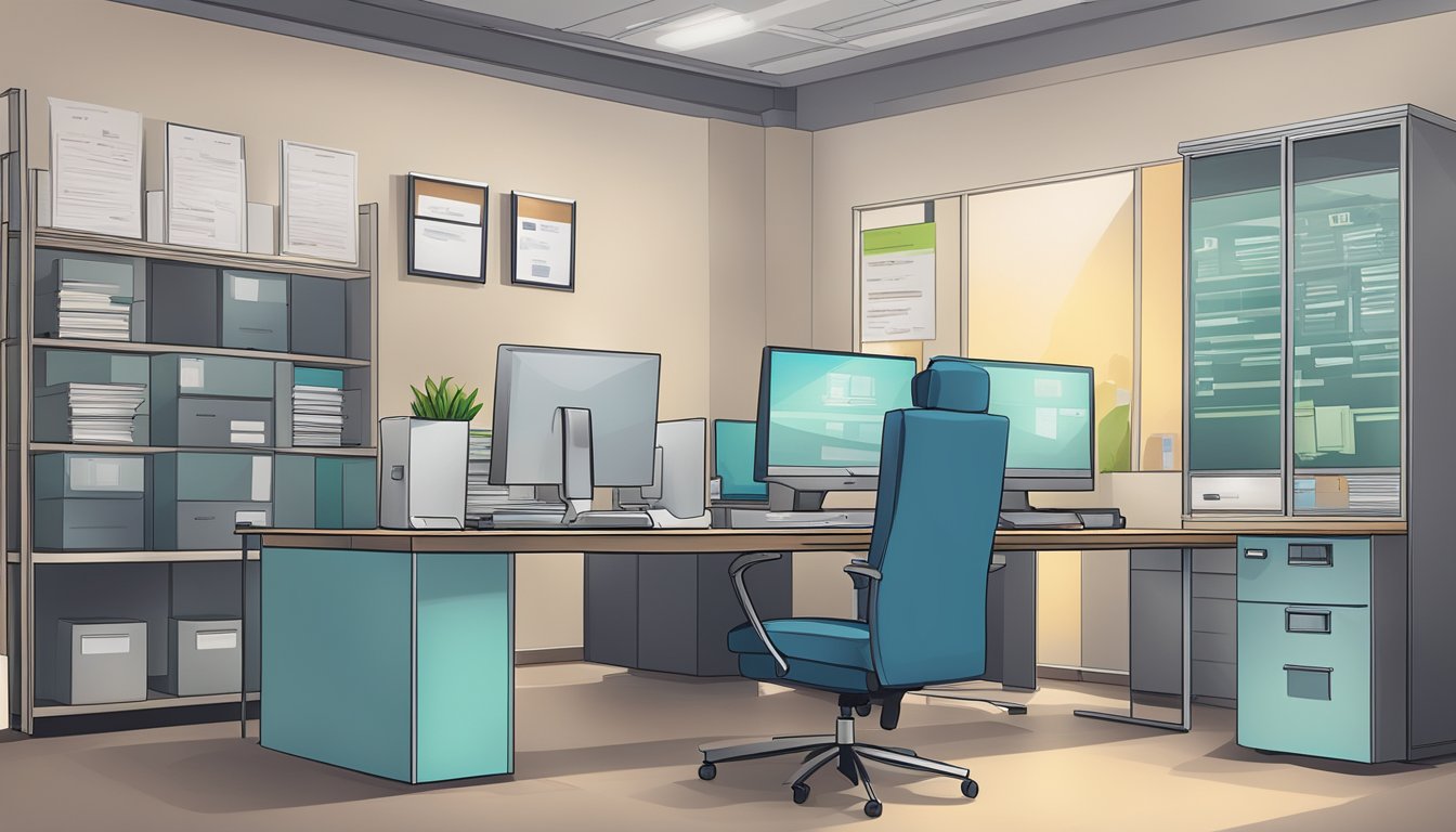 A money lender's office in Bedok, Singapore. A desk with paperwork, a computer, and a sign displaying "Managing Your Loans."