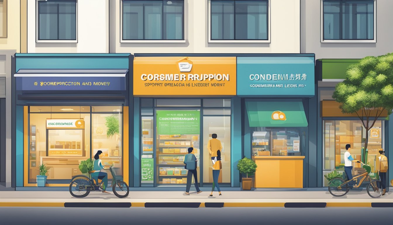 A storefront with "Consumer Protection and Support Money Lender" signage in Bedok, Singapore. Visible loan services and a professional, trustworthy atmosphere