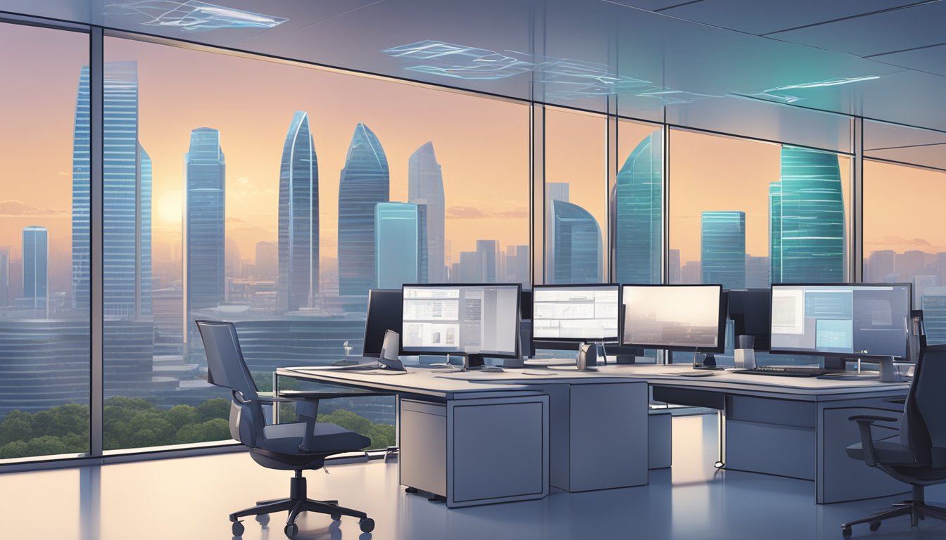 A modern office setting with a sleek, futuristic-looking lending platform displayed on a computer screen, with the backdrop of the bustling city of Bedok in Singapore
