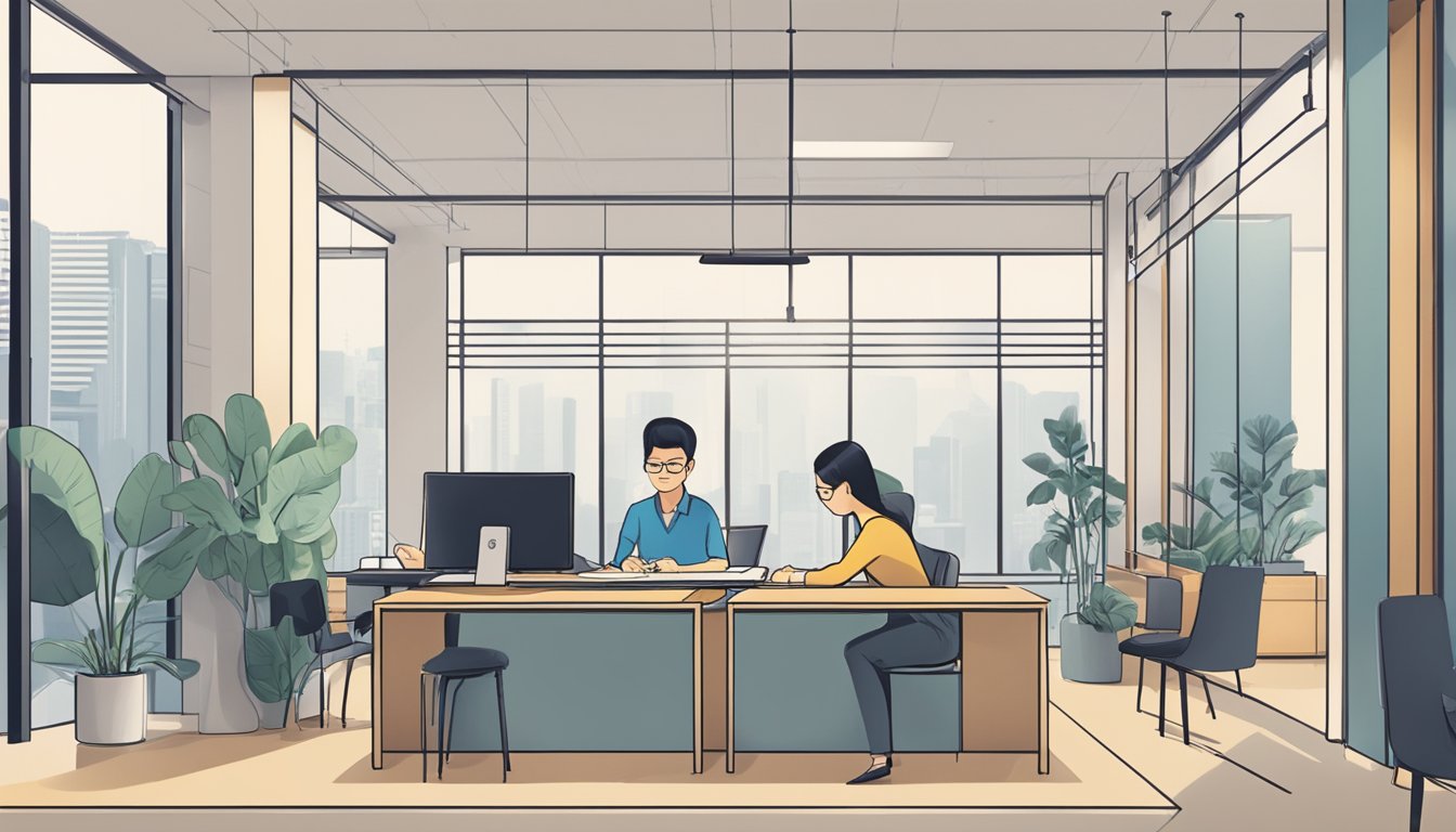 A customer sits at a desk, signing paperwork as a moneylender in Bedok explains loan terms. The office is clean and modern, with a professional atmosphere
