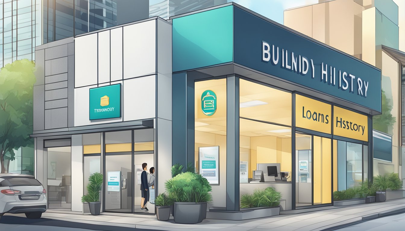 A modern office with a sign "Building a Trustworthy Credit History money lender in Bedok area: Loans in Singapore" prominently displayed
