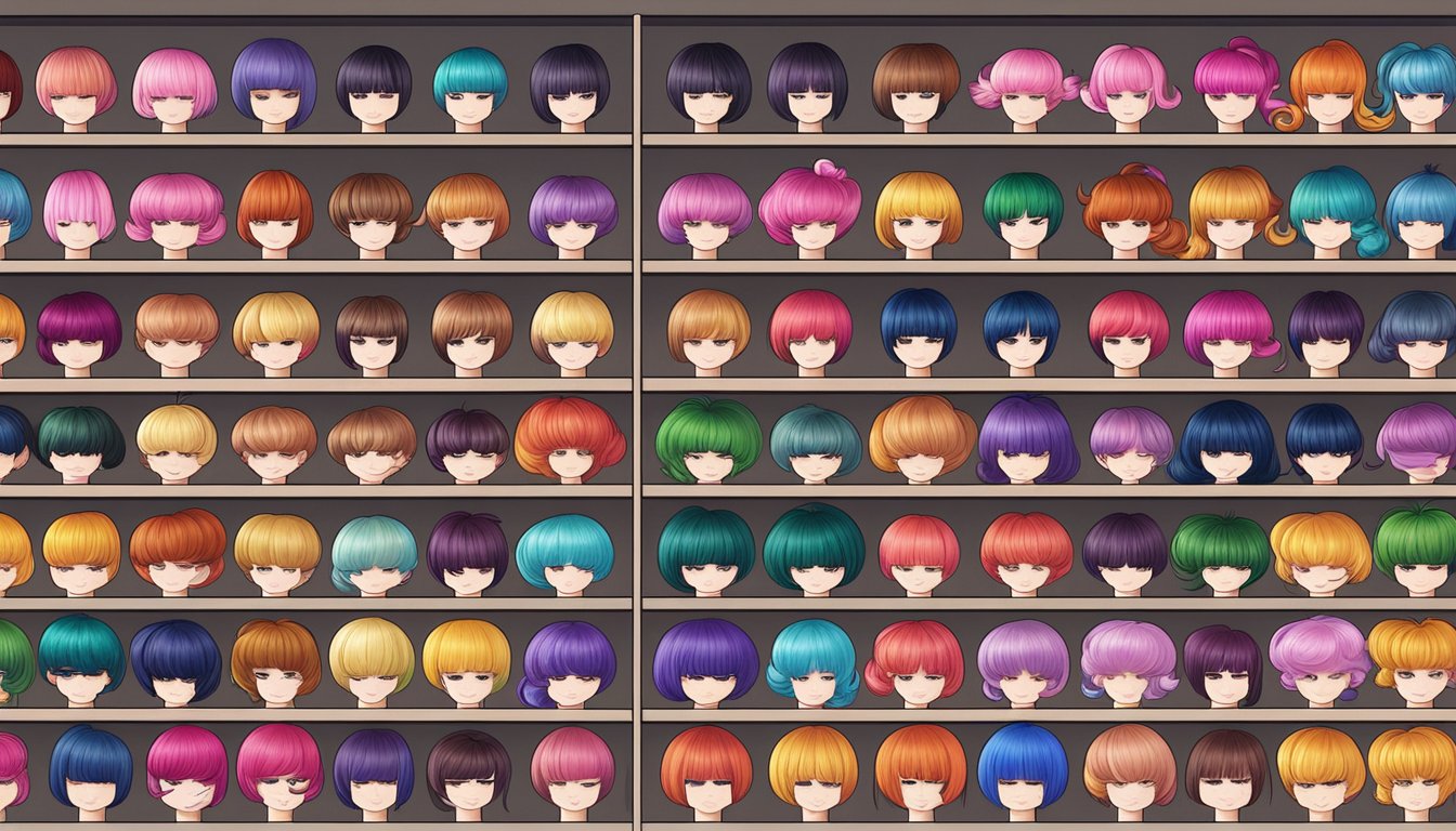 A display of colorful Korean wig brands arranged on shelves