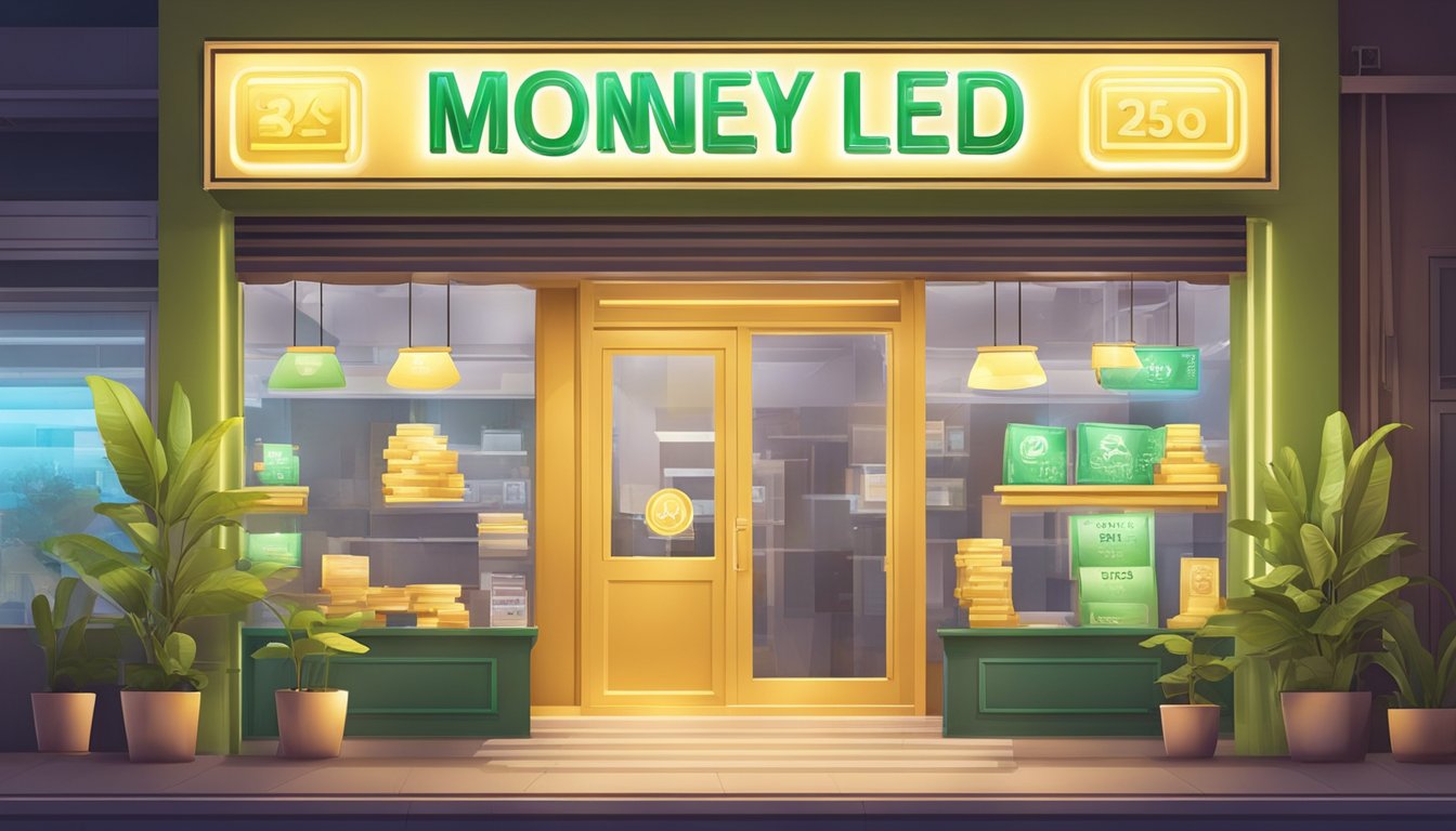 A money lender's sign in Bedok, Singapore. Brightly lit storefront with loan offers displayed
