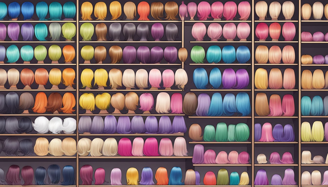 A colorful array of Korean wig brands displayed on shelves, with various styles and lengths to choose from