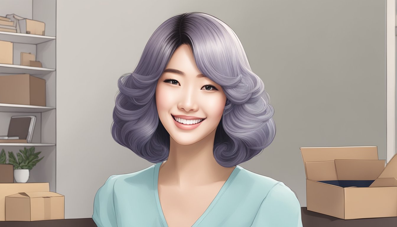 A customer unboxing a premium Korean wig, smiling with satisfaction