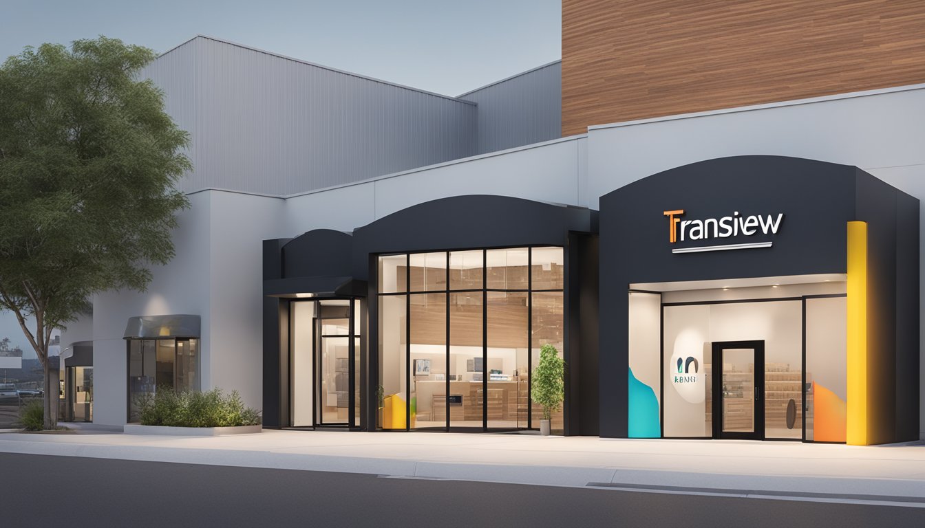 Transview Brands logo displayed on a sleek, modern storefront with clean lines and minimalistic design. Bright lighting highlights the brand name in bold lettering