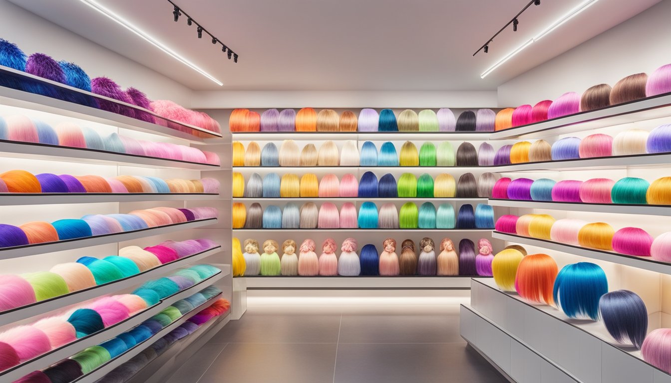 A colorful display of various Korean wig brands with bold logos and intricate designs, arranged neatly on shelves in a well-lit boutique