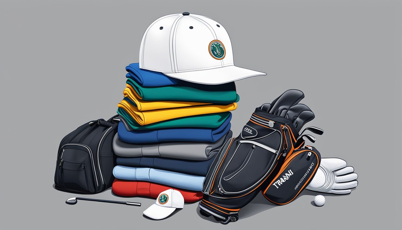 A golf bag with clubs, gloves, and a hat sits next to a stack of neatly folded polo shirts and pants, all branded with "Transview" logos