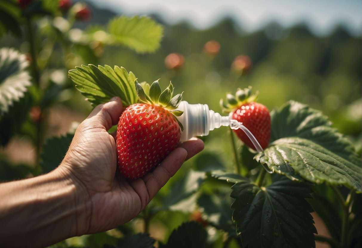 A hand holding a spray bottle hovers over a patch of ripe strawberries, with small bugs visible on the leaves