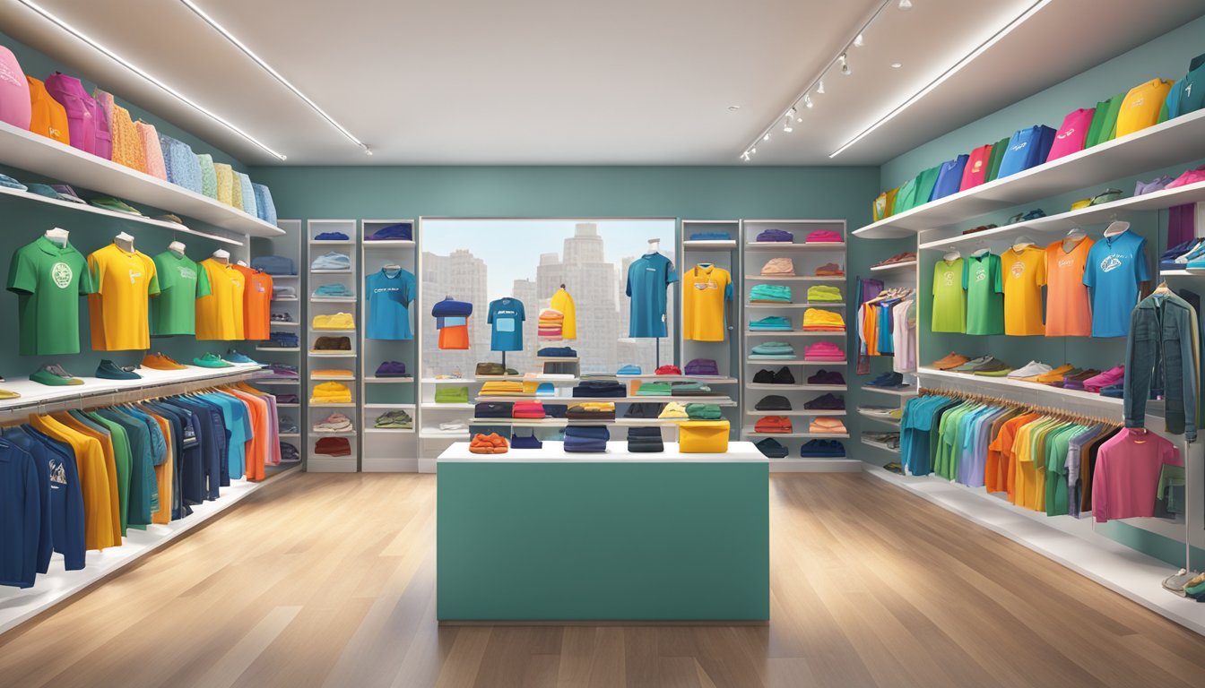 A colorful array of logo-emblazoned clothing and accessories fill a sleek, modern store display