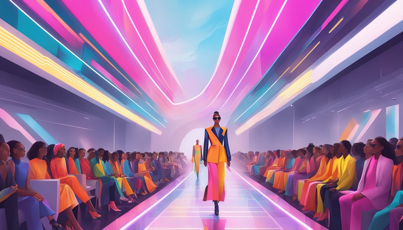 A vibrant runway showcasing futuristic fashion trends for 2024, featuring bold colors, sleek silhouettes, and innovative textiles