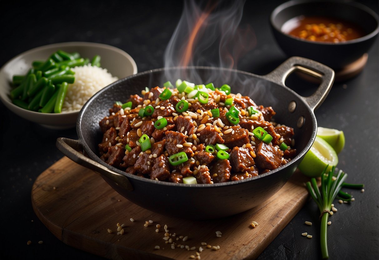 A sizzling wok of Chinese beef mince with garlic, ginger, and soy sauce, garnished with green onions and sesame seeds