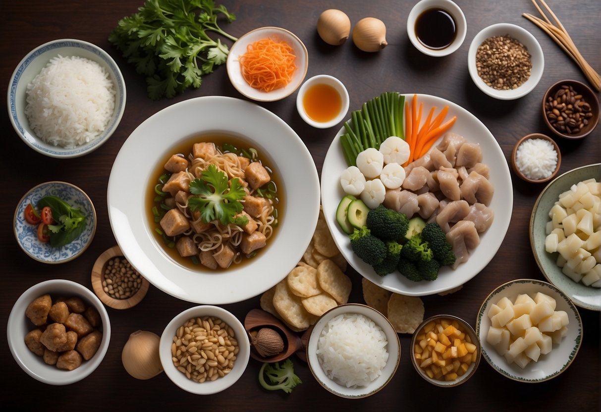 A table set with traditional Chinese dishes and diabetic-friendly alternatives, surrounded by ingredients and cooking utensils