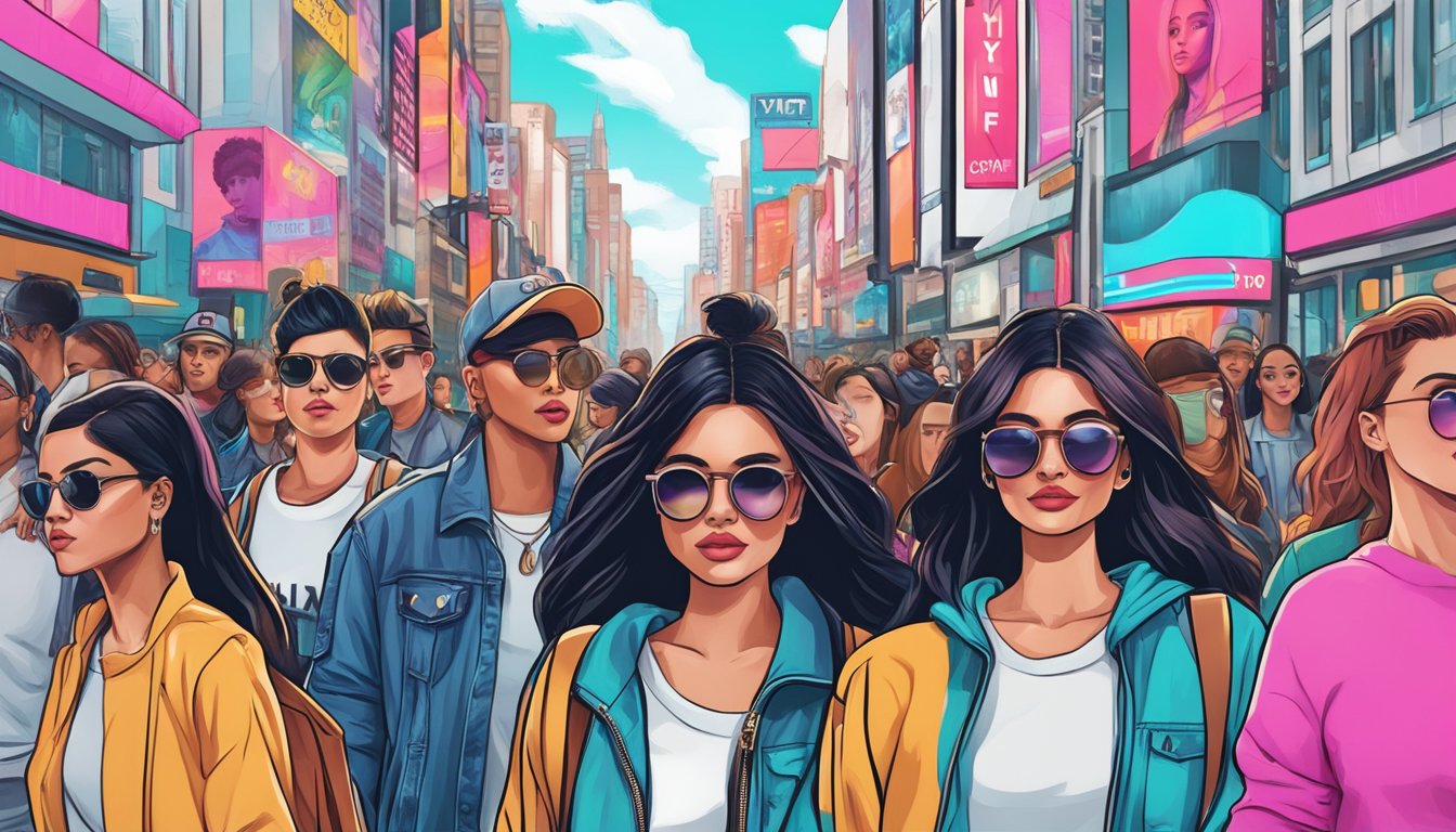 A vibrant city street lined with billboards and crowded with young people wearing trendy clothing and makeup, all centered around the iconic Kylie Jenner brand name