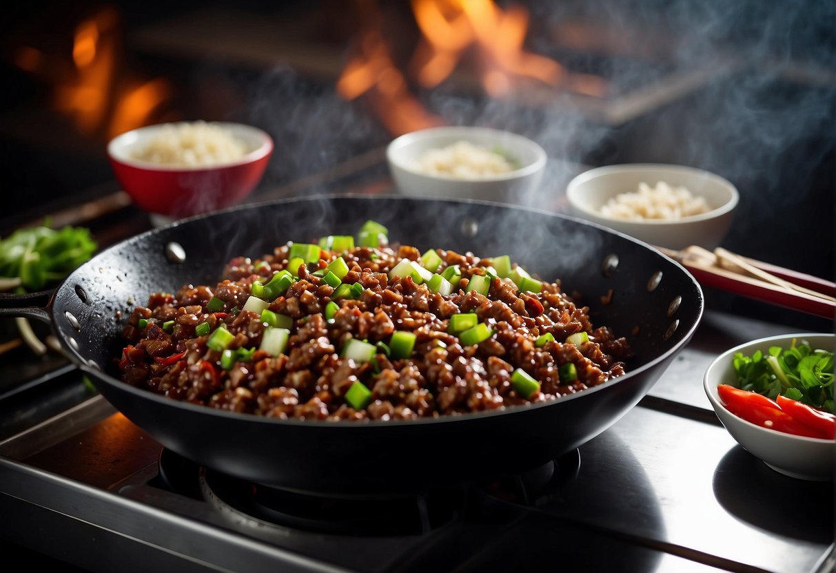 A wok sizzling with Chinese beef mince, surrounded by fresh ginger, garlic, and soy sauce. Chopped green onions and chili peppers add color and heat