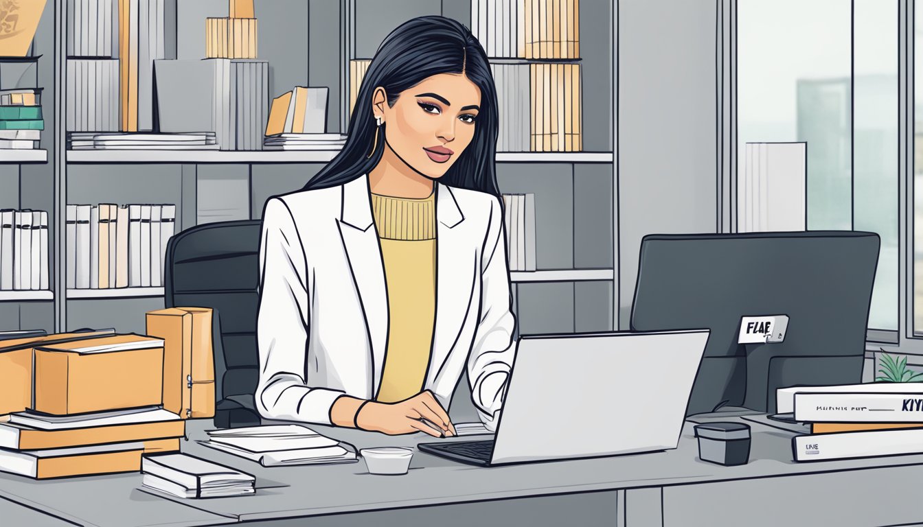 A stack of FAQ cards with "Kylie Jenner" brand name, surrounded by a modern, minimalist office desk setup