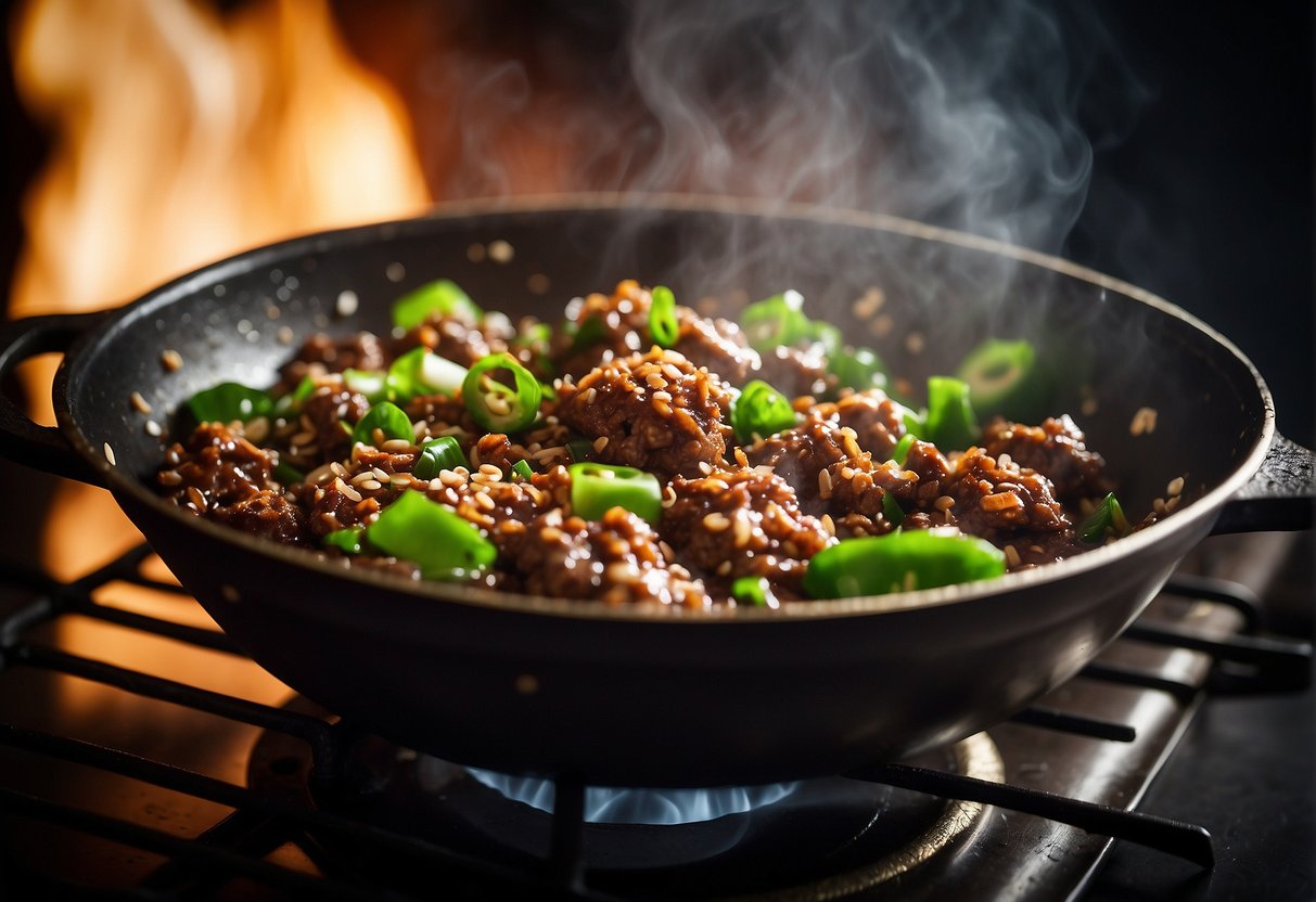 A sizzling wok filled with aromatic Chinese beef mince, stir-frying with garlic, ginger, and scallions. A splash of soy sauce adds depth to the dish