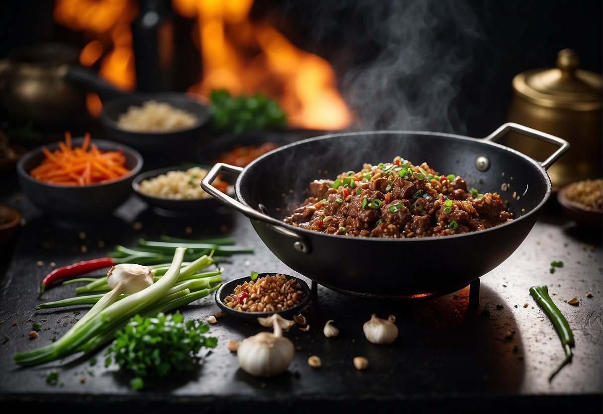 Beef mince sizzling in a hot wok with garlic, ginger, and chili. A splash of soy sauce and a sprinkle of green onions add flavor