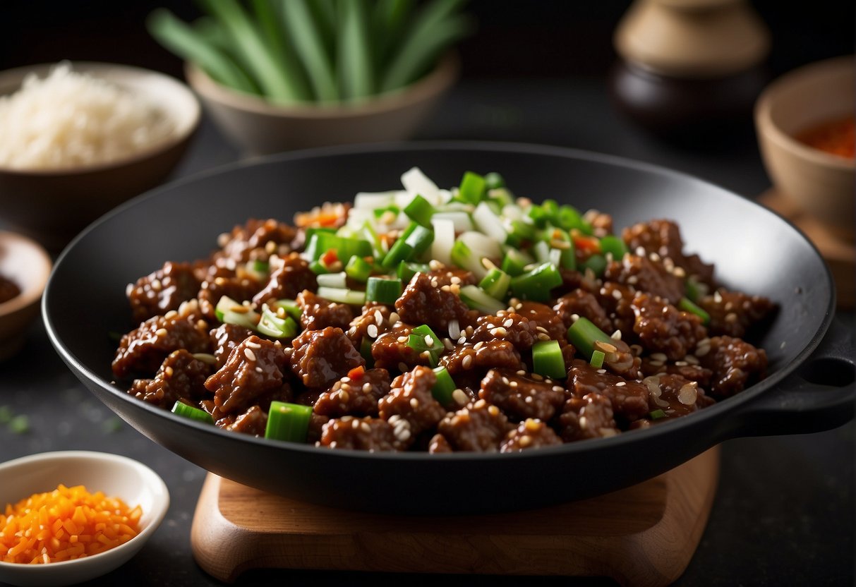 A wok sizzles with Chinese beef mince, surrounded by bowls of soy sauce, ginger, garlic, and green onions