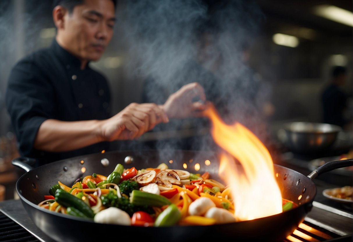 A wok sizzles over a flame, steaming vegetables and lean protein. Garlic and ginger perfume the air as the chef tosses the ingredients with precision