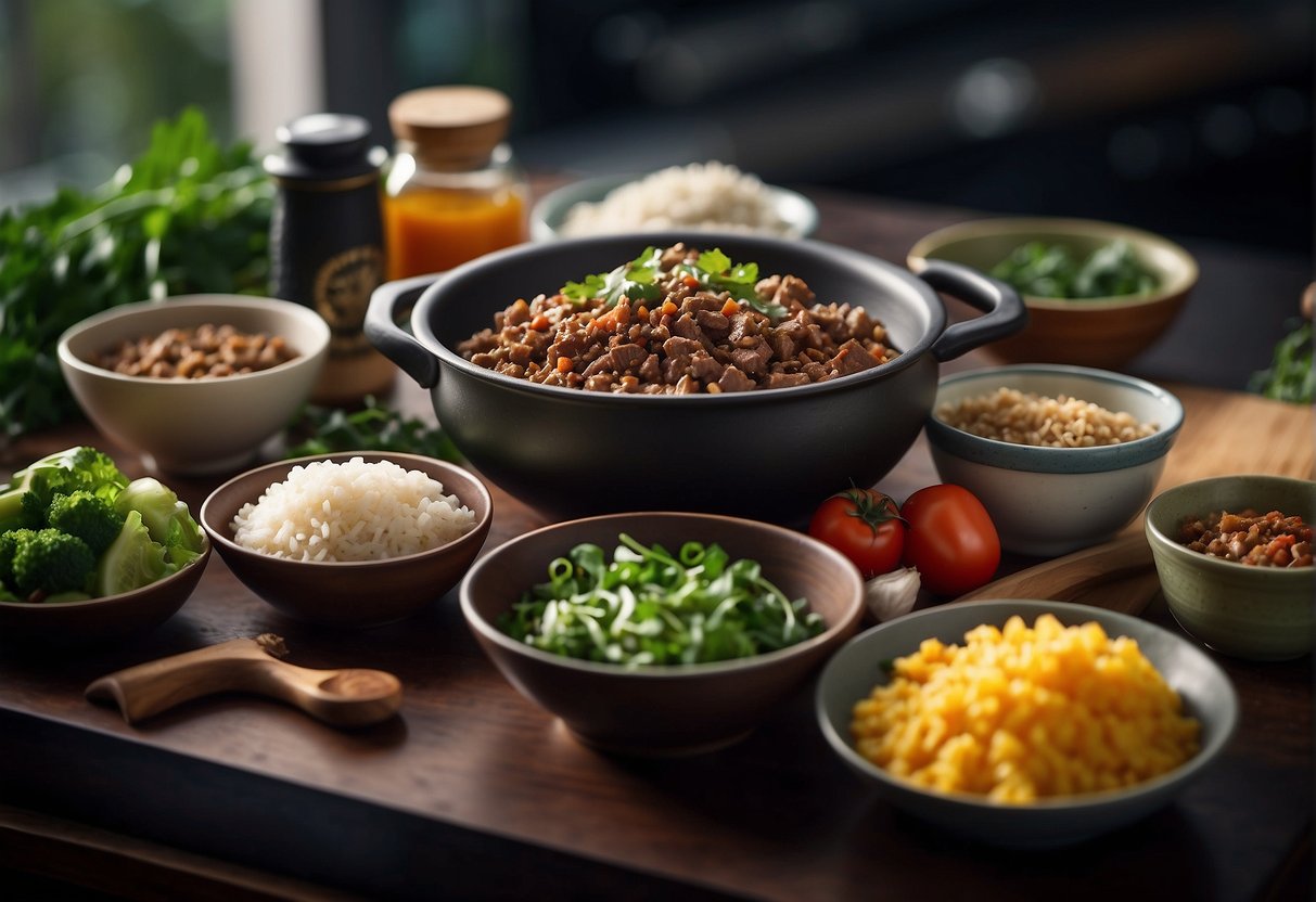 A kitchen counter with prepped ingredients, a wok cooking Chinese beef mince, and containers for storing ahead