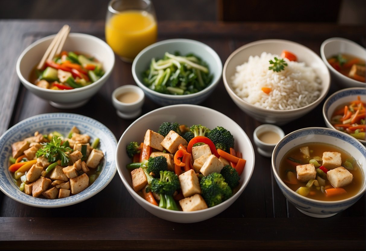 A table set with a colorful array of diabetic-friendly Chinese dishes, including stir-fried vegetables, steamed fish, and tofu stir-fry
