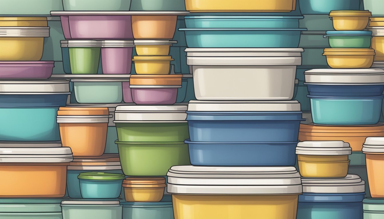 A kitchen counter filled with various Tupperware containers in different sizes and colors, neatly organized and stacked
