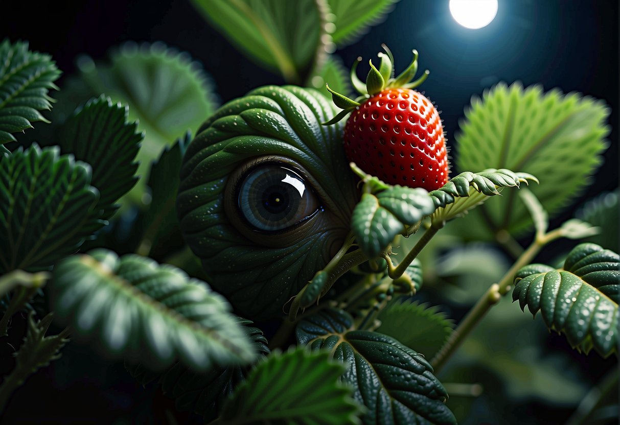 A mysterious creature munches on strawberry leaves under the moonlight