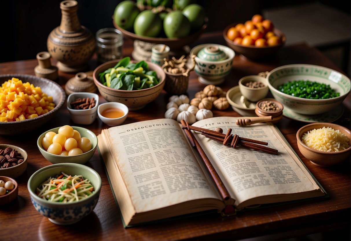 A table with a variety of traditional Chinese ingredients and cooking utensils, with a cookbook open to a page titled "Frequently Asked Questions Diabetic Chinese Recipes."
